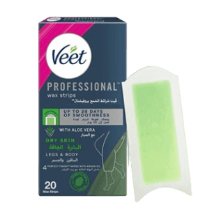 Professional Wax Strips with Aloe Vera for Dry Skin 20 Wax Strips + 4 Wipes _ Veet